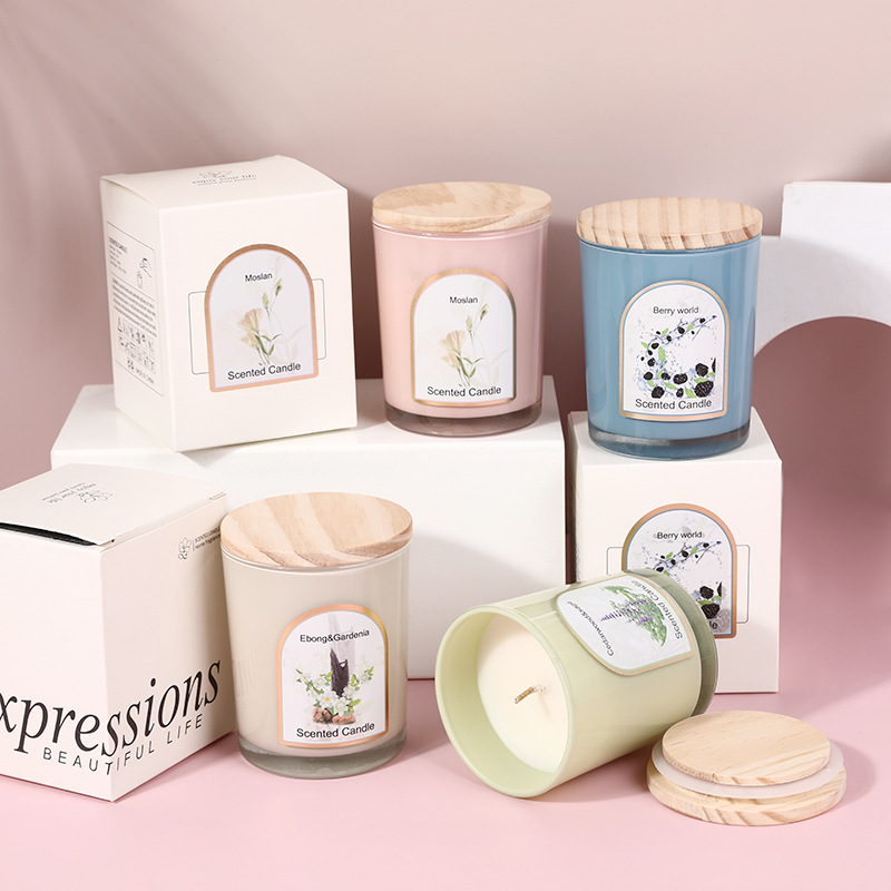 Candle Souvenir - Drewniana osłonka, kolorowe szkło, świeca zapachowa,
